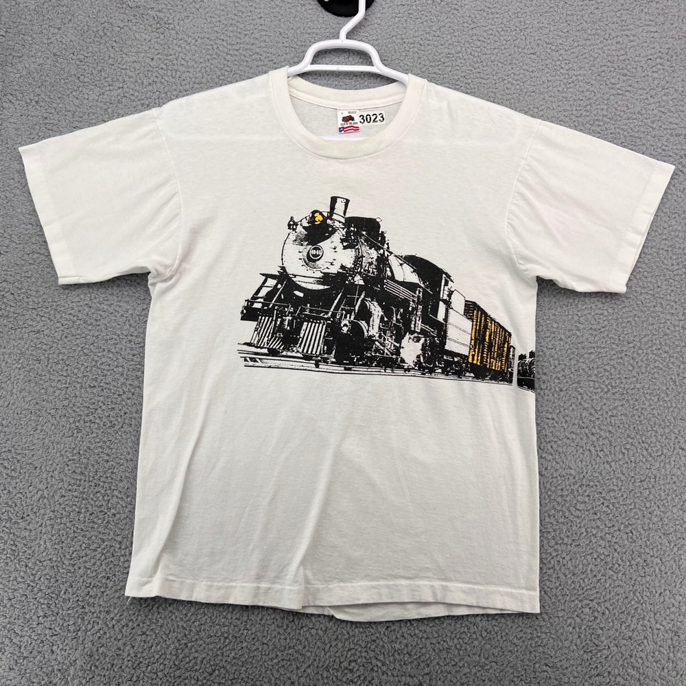 Fruit of the Loom T Shirt Vintage Train Locomotive Graphic Mens L White USA Made